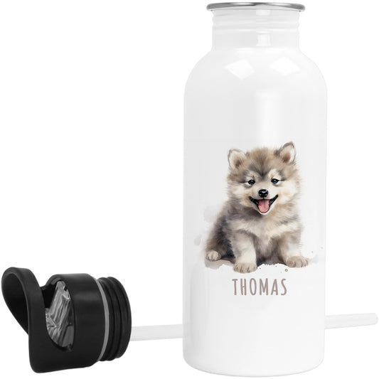 Trinkflasche Kinder personalisiert mit Namen Wolf Edelstahl Flasche mit Strohhalm Wasserflasche für Schule Kindergarten 600 ml