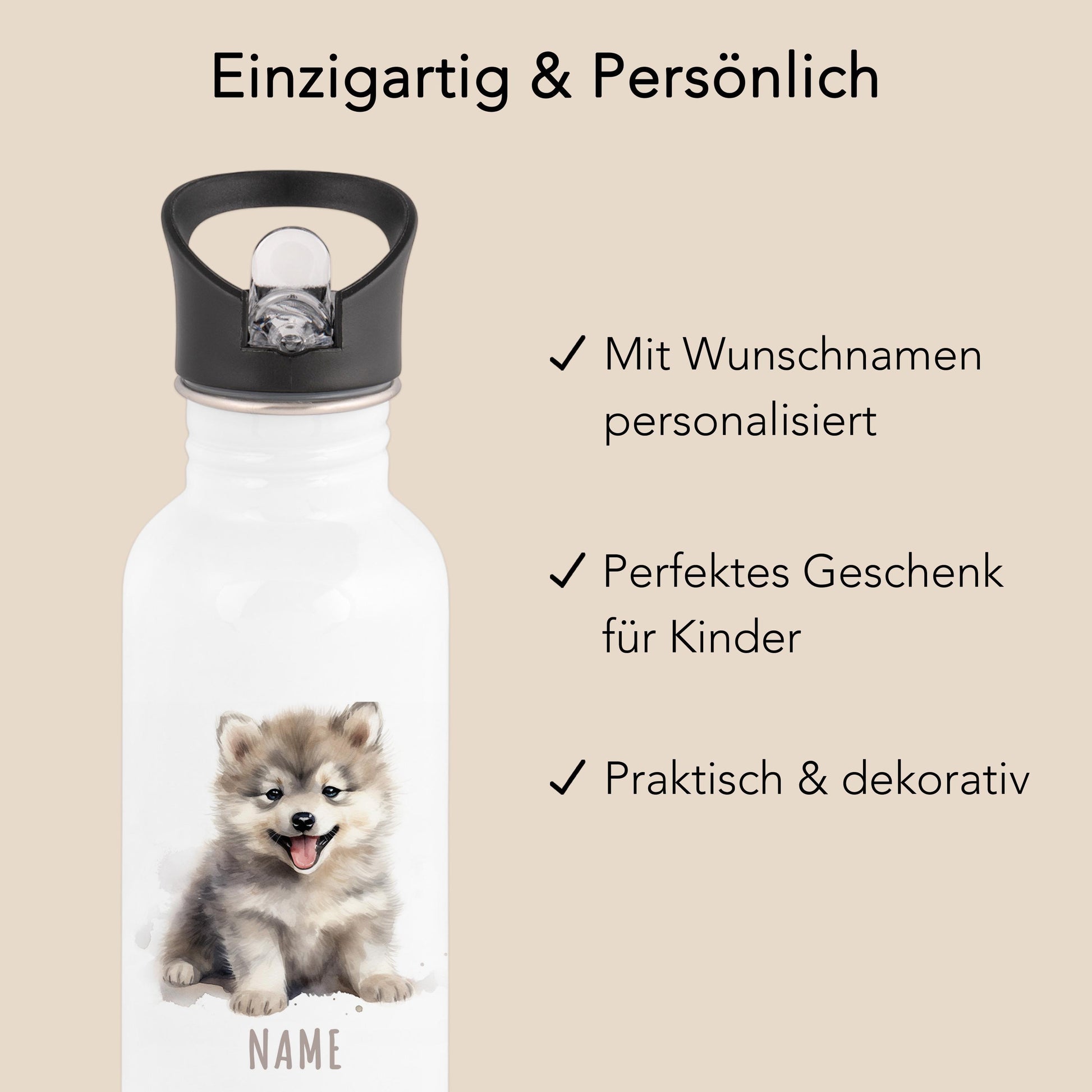 Trinkflasche Kinder personalisiert mit Namen Wolf Edelstahl Flasche mit Strohhalm Wasserflasche für Schule Kindergarten 600 ml