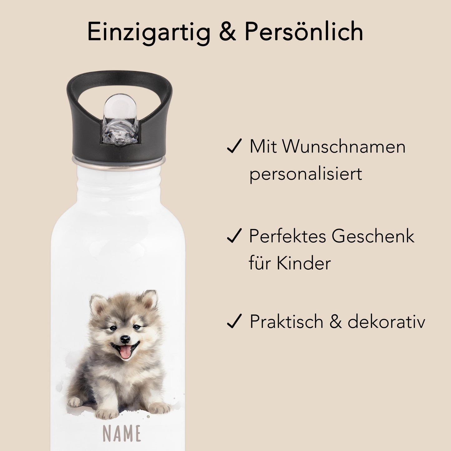 Trinkflasche Kinder personalisiert mit Namen Wolf Edelstahl Flasche mit Strohhalm Wasserflasche für Schule Kindergarten 600 ml
