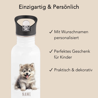 Trinkflasche Kinder personalisiert mit Namen Wolf Edelstahl Flasche mit Strohhalm Wasserflasche für Schule Kindergarten 600 ml