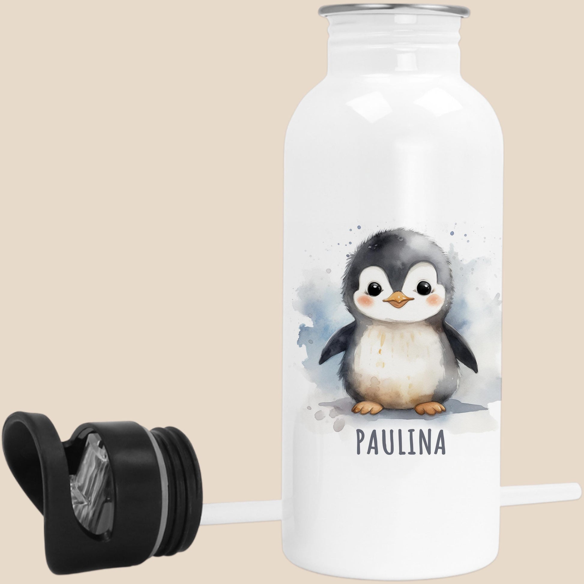 Trinkflasche Kinder personalisiert mit Namen Pinguin Edelstahl Flasche mit Strohhalm Wasserflasche für Schule Kindergarten 600 ml