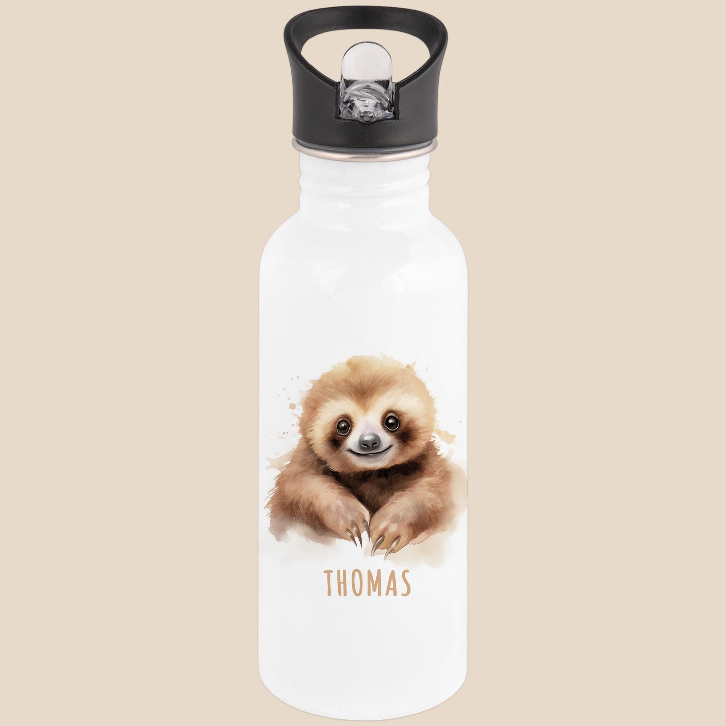 Trinkflasche Kinder personalisiert mit Namen Faultier Edelstahl Flasche mit Strohhalm Wasserflasche für Schule Kindergarten 600 ml