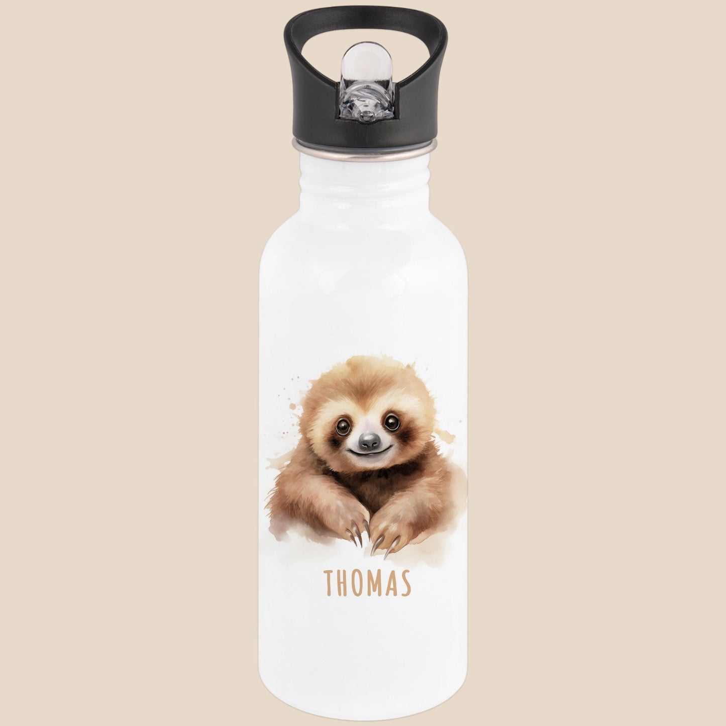 Trinkflasche Kinder personalisiert mit Namen Faultier Edelstahl Flasche mit Strohhalm Wasserflasche für Schule Kindergarten 600 ml