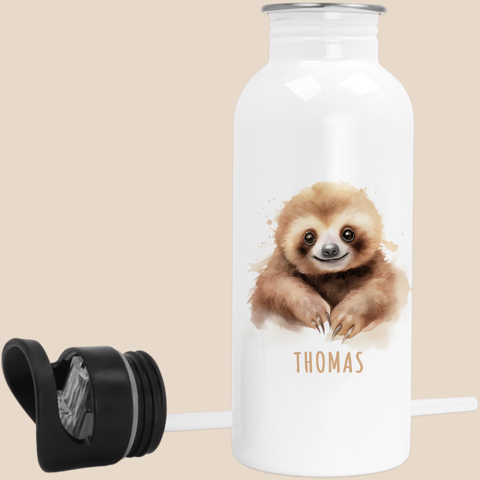 Trinkflasche Kinder personalisiert mit Namen Faultier Edelstahl Flasche mit Strohhalm Wasserflasche für Schule Kindergarten 600 ml