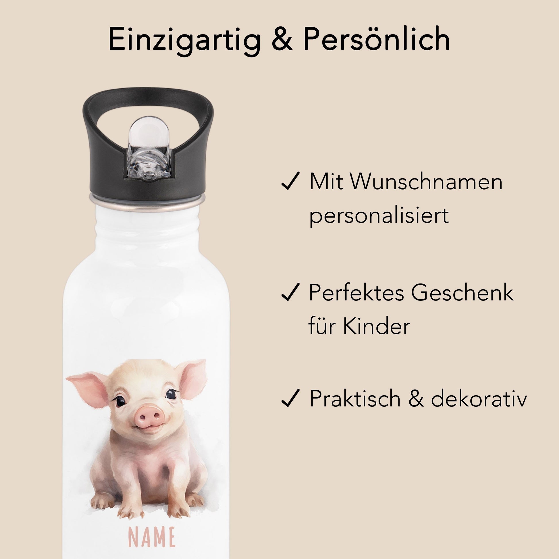 Trinkflasche Kinder personalisiert mit Namen Schwein Edelstahl Flasche mit Strohhalm Wasserflasche für Schule Kindergarten 600 ml