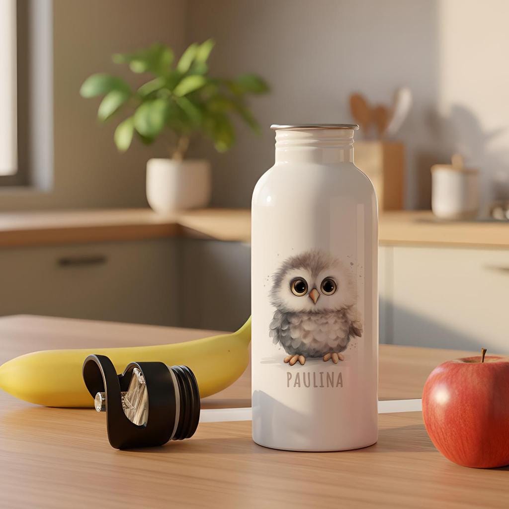 Trinkflasche Kinder personalisiert mit Namen Eule Edelstahl Flasche mit Strohhalm Wasserflasche für Schule Kindergarten 600 ml