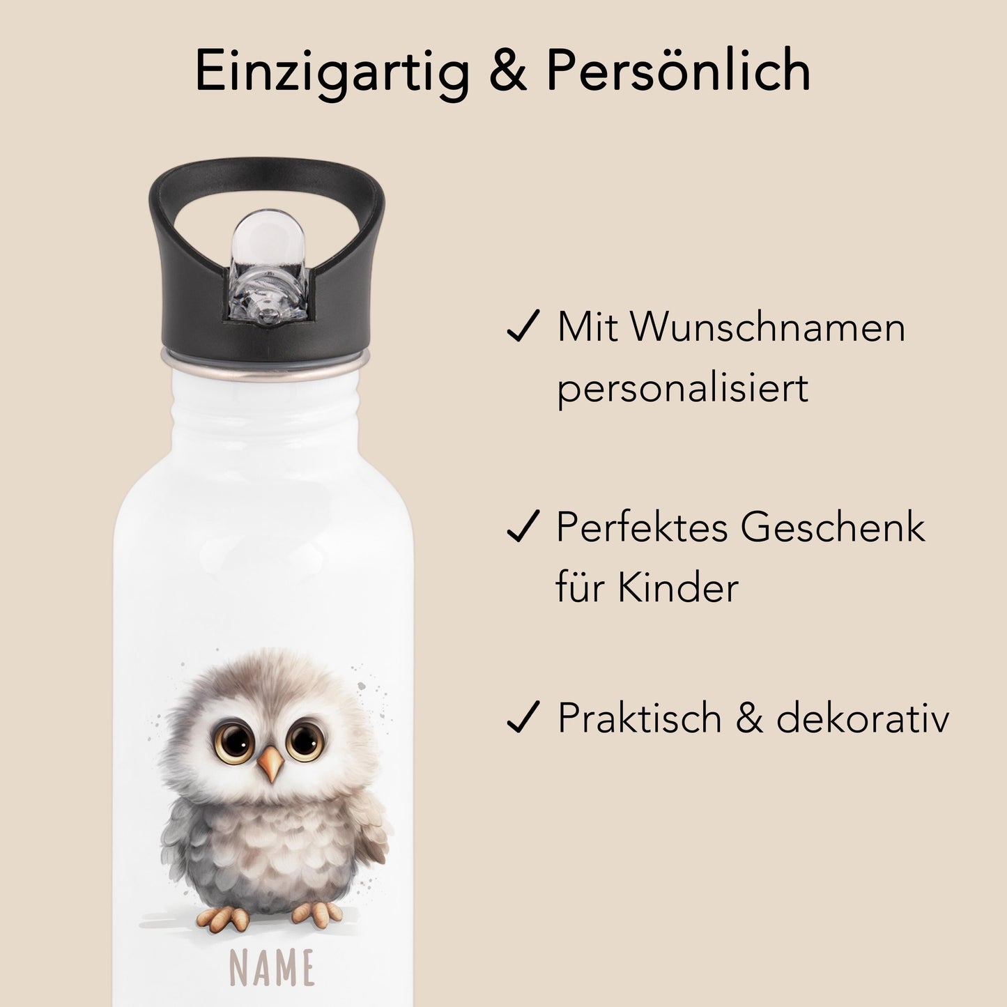 Trinkflasche Kinder personalisiert mit Namen Eule Edelstahl Flasche mit Strohhalm Wasserflasche für Schule Kindergarten 600 ml