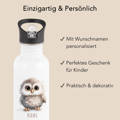 Trinkflasche Kinder personalisiert mit Namen Eule Edelstahl Flasche mit Strohhalm Wasserflasche für Schule Kindergarten 600 ml