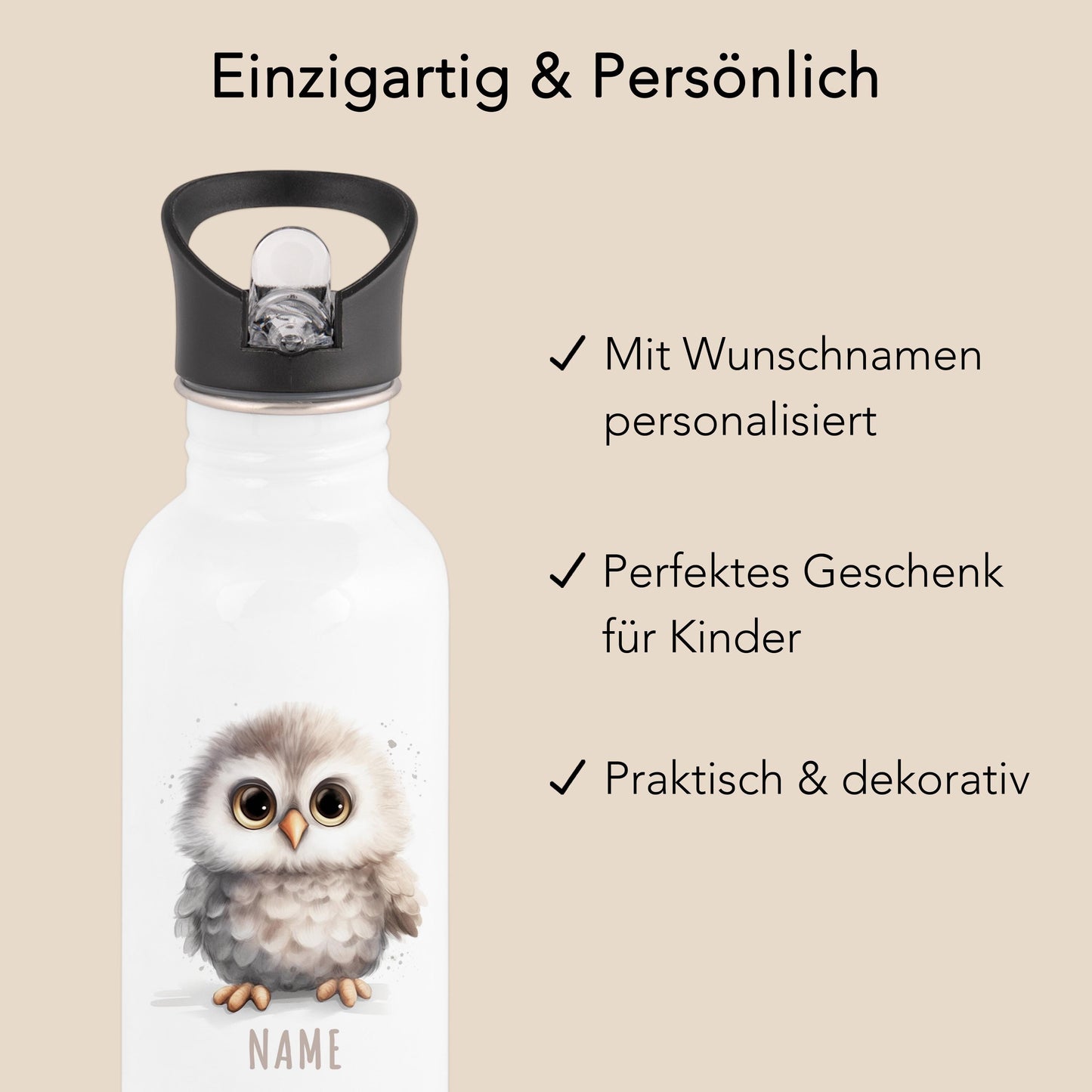 Trinkflasche Kinder personalisiert mit Namen Eule Edelstahl Flasche mit Strohhalm Wasserflasche für Schule Kindergarten 600 ml