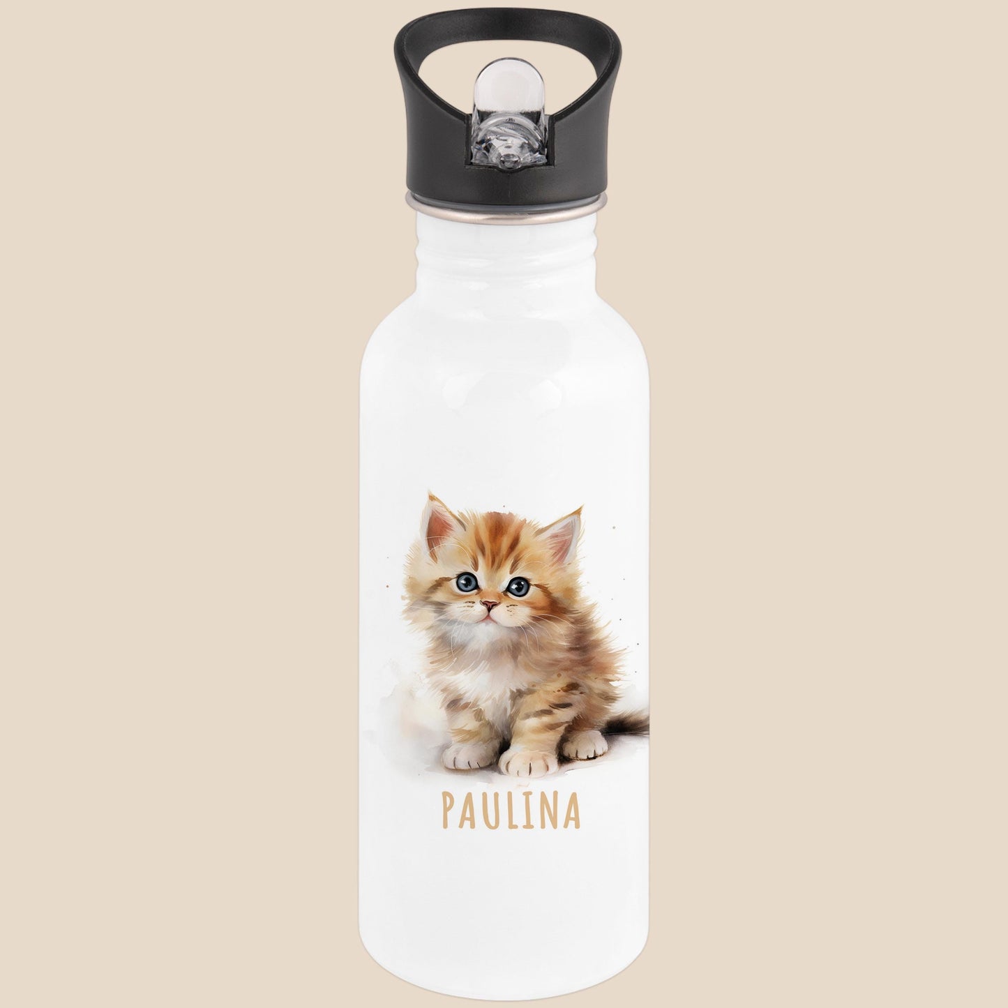 Trinkflasche Kinder personalisiert mit Namen Katze Edelstahl Flasche mit Strohhalm Wasserflasche für Schule Kindergarten 600 ml
