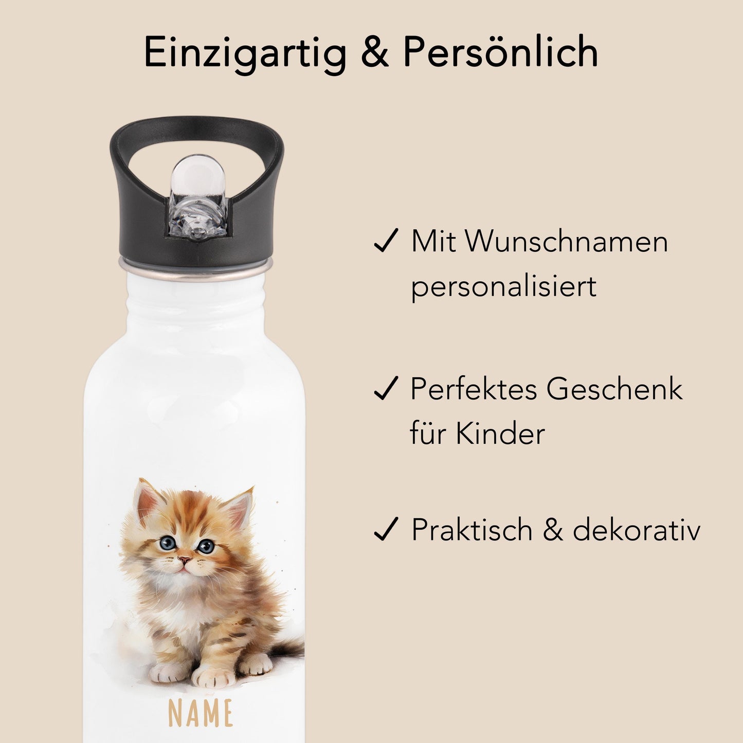 Trinkflasche Kinder personalisiert mit Namen Katze Edelstahl Flasche mit Strohhalm Wasserflasche für Schule Kindergarten 600 ml