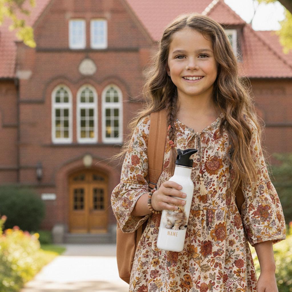 Trinkflasche Kinder personalisiert mit Namen Katze Edelstahl Flasche mit Strohhalm Wasserflasche für Schule Kindergarten 600 ml