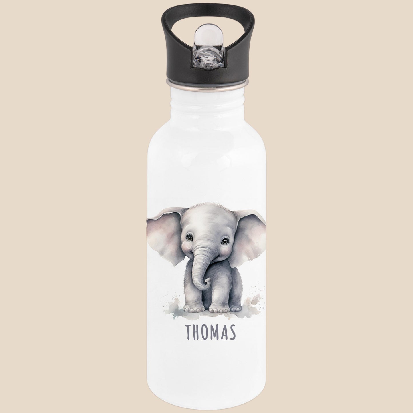 Trinkflasche Kinder personalisiert mit Namen Elefant Edelstahl Flasche mit Strohhalm Wasserflasche für Schule Kindergarten 600 ml