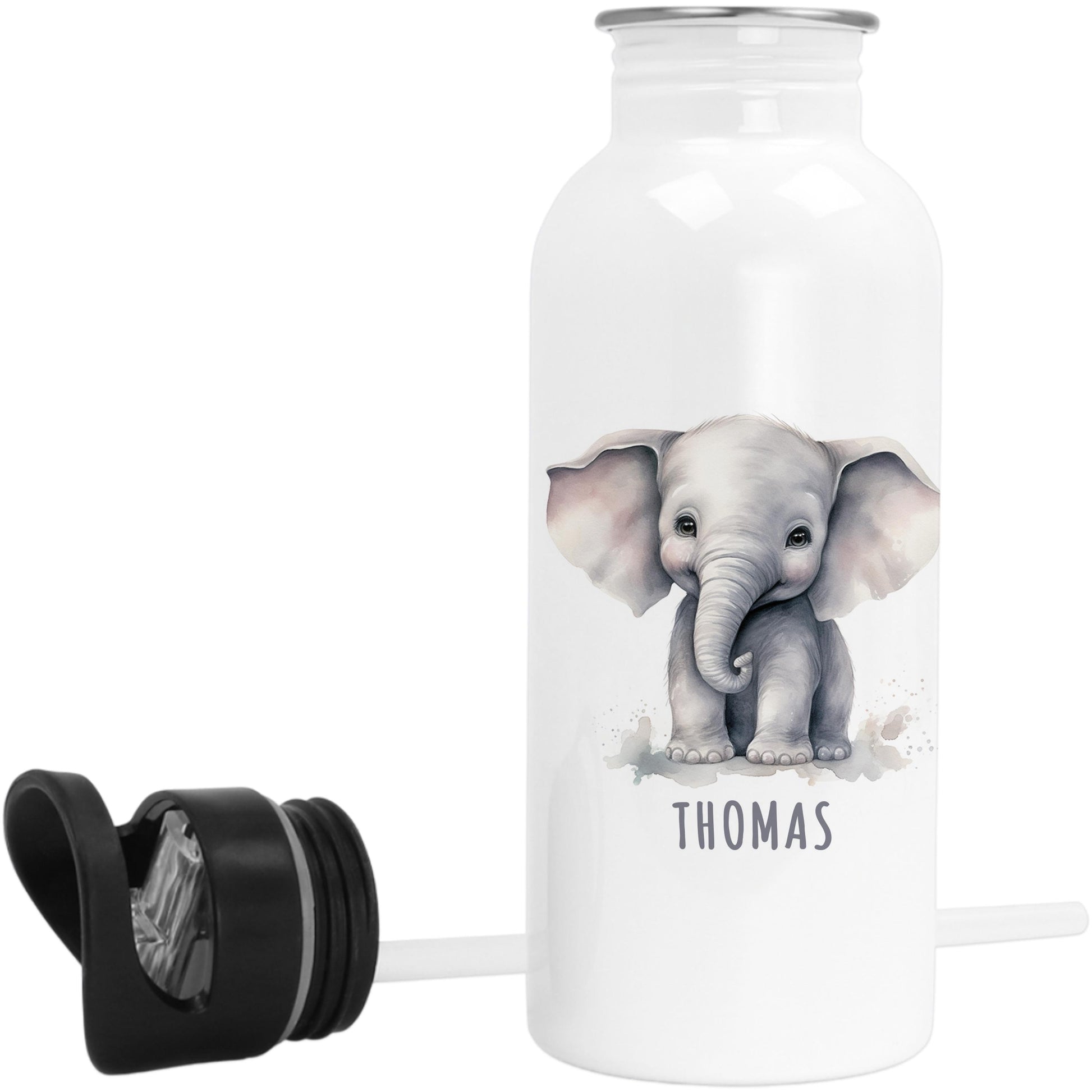 Trinkflasche Kinder personalisiert mit Namen Elefant Edelstahl Flasche mit Strohhalm Wasserflasche für Schule Kindergarten 600 ml