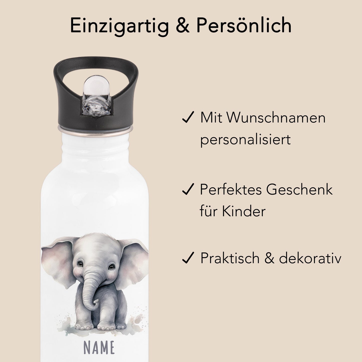Trinkflasche Kinder personalisiert mit Namen Elefant Edelstahl Flasche mit Strohhalm Wasserflasche für Schule Kindergarten 600 ml