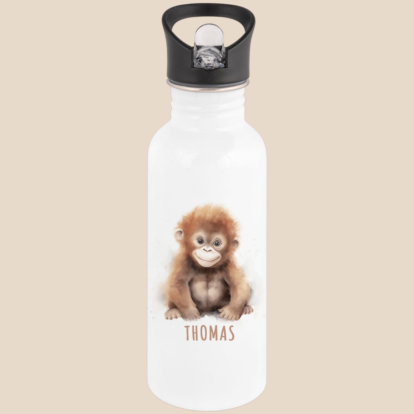 Trinkflasche Kinder personalisiert mit Namen Affe Edelstahl Flasche mit Strohhalm Wasserflasche für Schule Kindergarten 600 ml