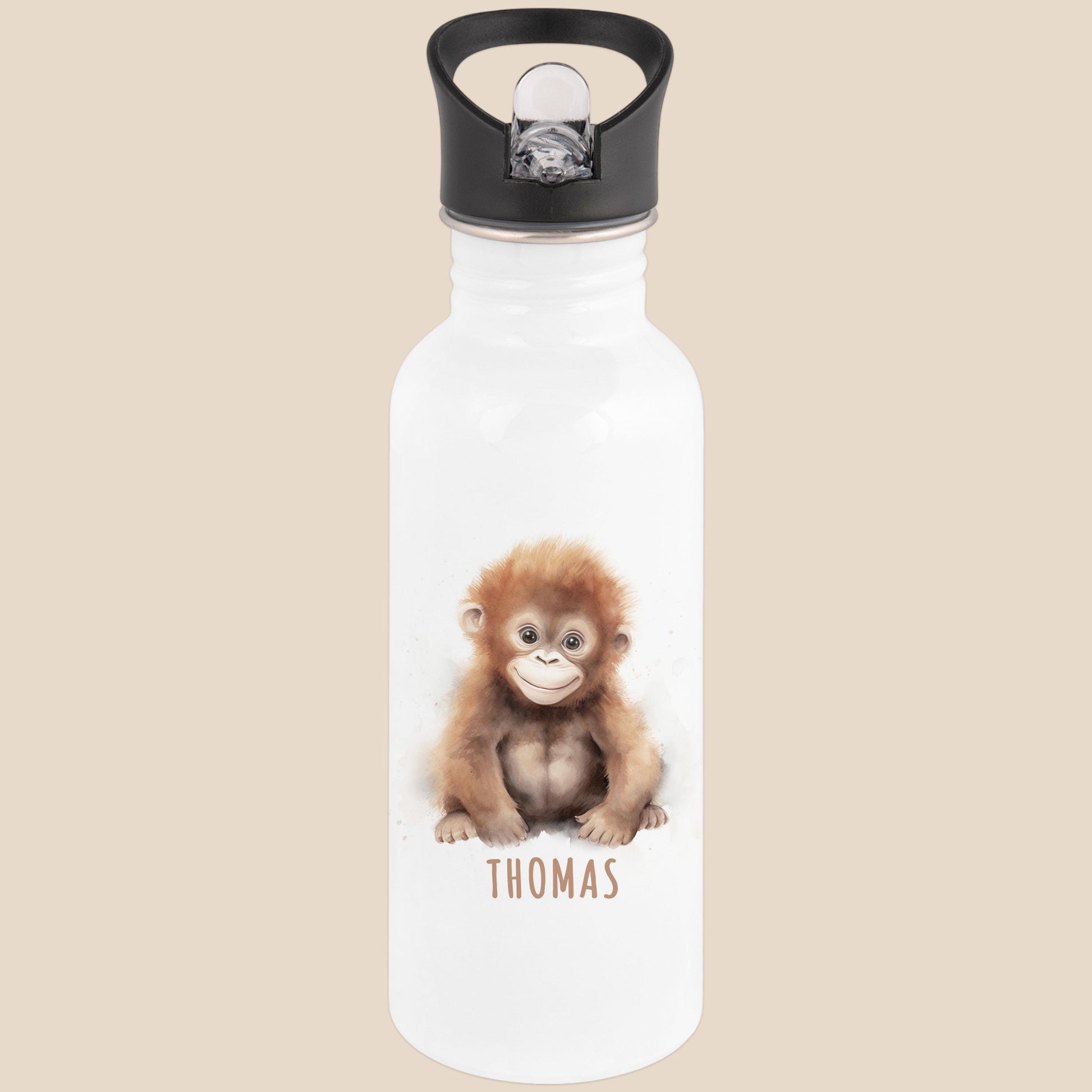 Trinkflasche Kinder personalisiert mit Namen Affe Edelstahl Flasche mit Strohhalm Wasserflasche für Schule Kindergarten 600 ml
