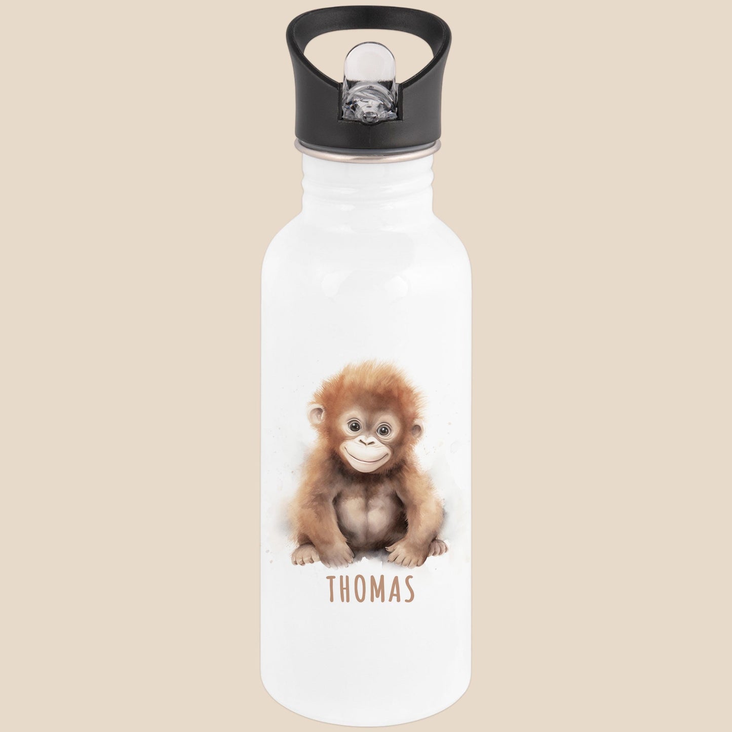 Trinkflasche Kinder personalisiert mit Namen Affe Edelstahl Flasche mit Strohhalm Wasserflasche für Schule Kindergarten 600 ml