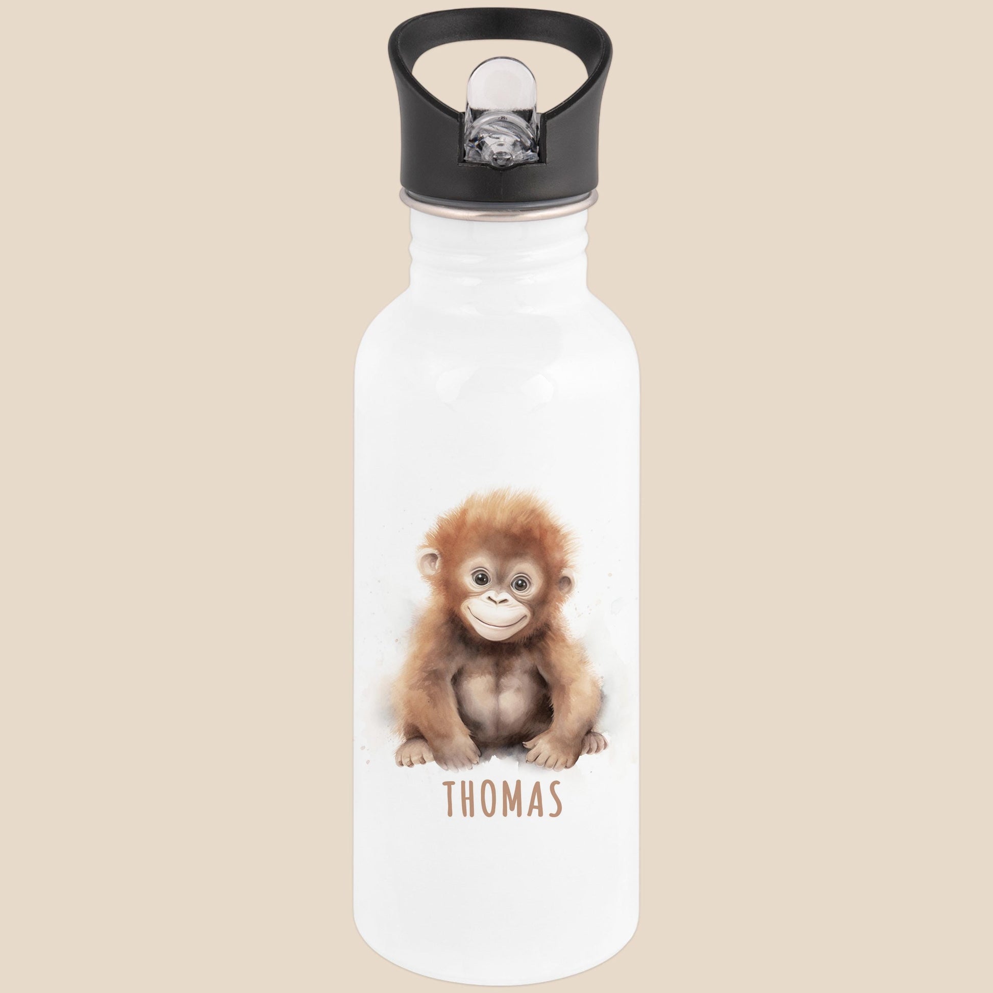 Trinkflasche Kinder personalisiert mit Namen Affe Edelstahl Flasche mit Strohhalm Wasserflasche für Schule Kindergarten 600 ml