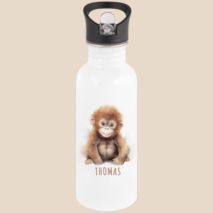 Trinkflasche Kinder personalisiert mit Namen Affe Edelstahl Flasche mit Strohhalm Wasserflasche für Schule Kindergarten 600 ml