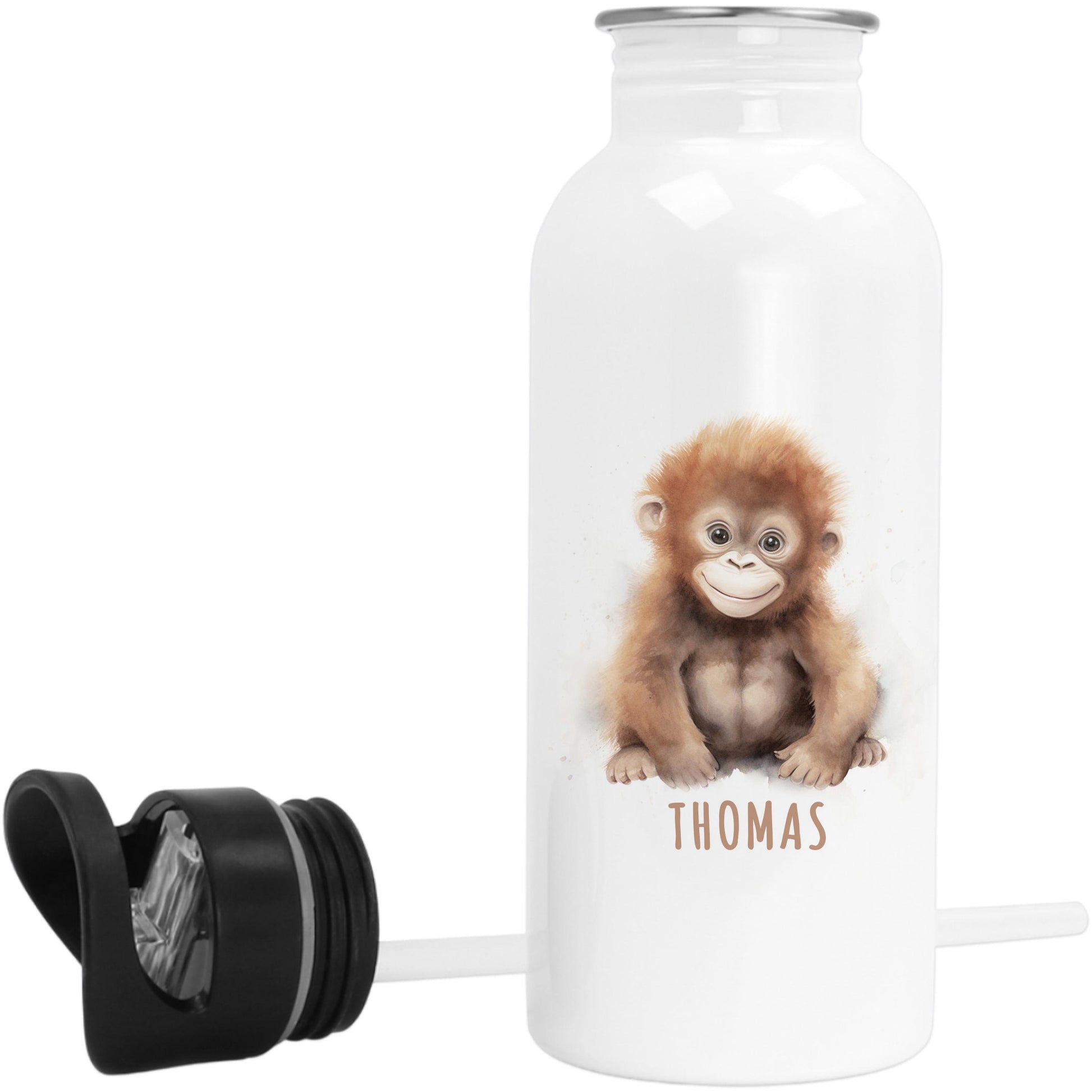 Trinkflasche Kinder personalisiert mit Namen Affe Edelstahl Flasche mit Strohhalm Wasserflasche für Schule Kindergarten 600 ml