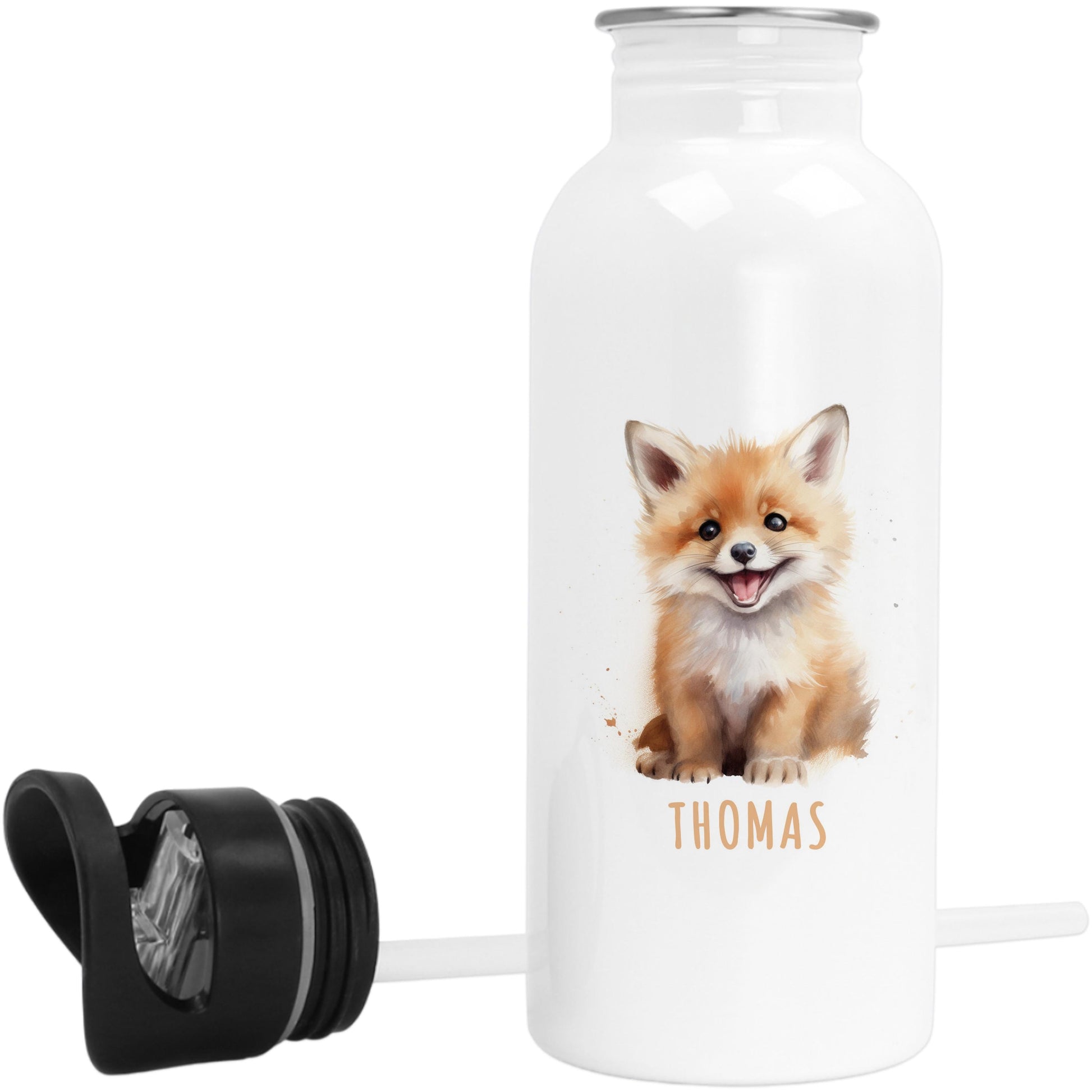 Trinkflasche Kinder personalisiert mit Namen Fuchs Edelstahl Flasche mit Strohhalm Wasserflasche für Schule Kindergarten 600 ml