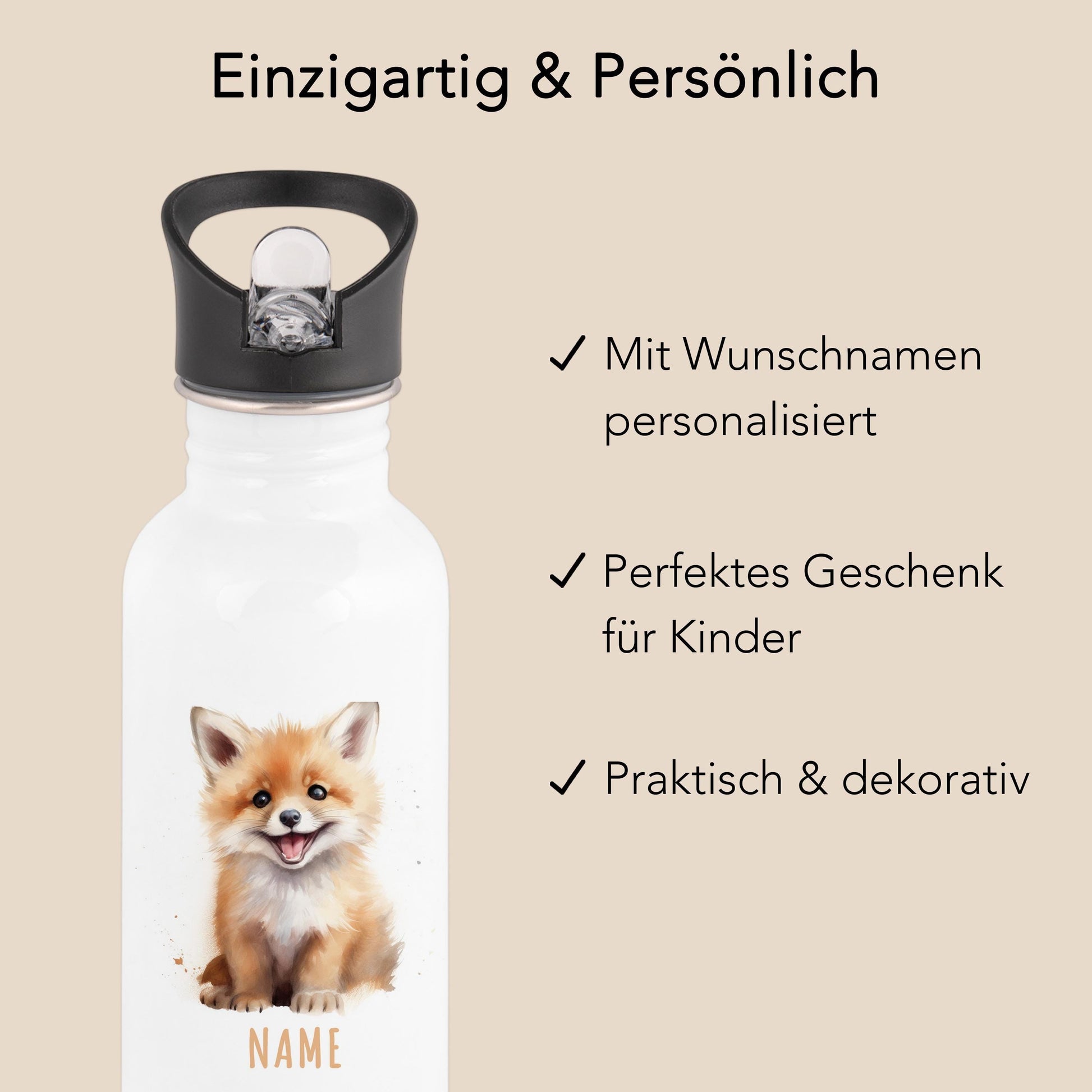 Trinkflasche Kinder personalisiert mit Namen Fuchs Edelstahl Flasche mit Strohhalm Wasserflasche für Schule Kindergarten 600 ml