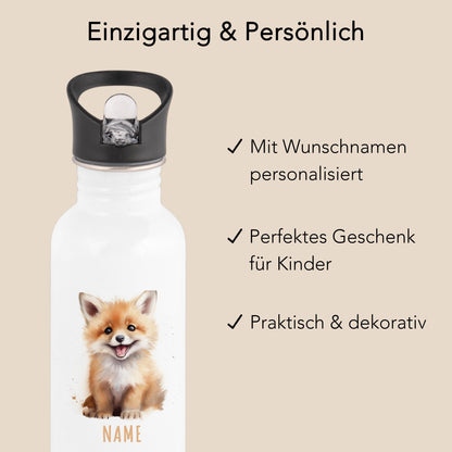 Trinkflasche Kinder personalisiert mit Namen Fuchs Edelstahl Flasche mit Strohhalm Wasserflasche für Schule Kindergarten 600 ml