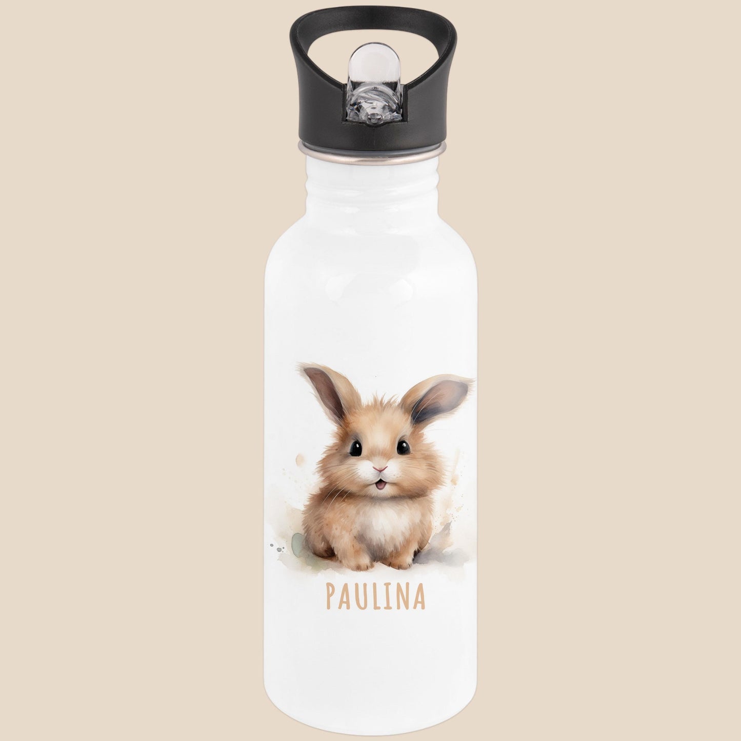 Trinkflasche Kinder personalisiert mit Namen Hase Edelstahl Flasche mit Strohhalm Wasserflasche für Schule Kindergarten 600 ml