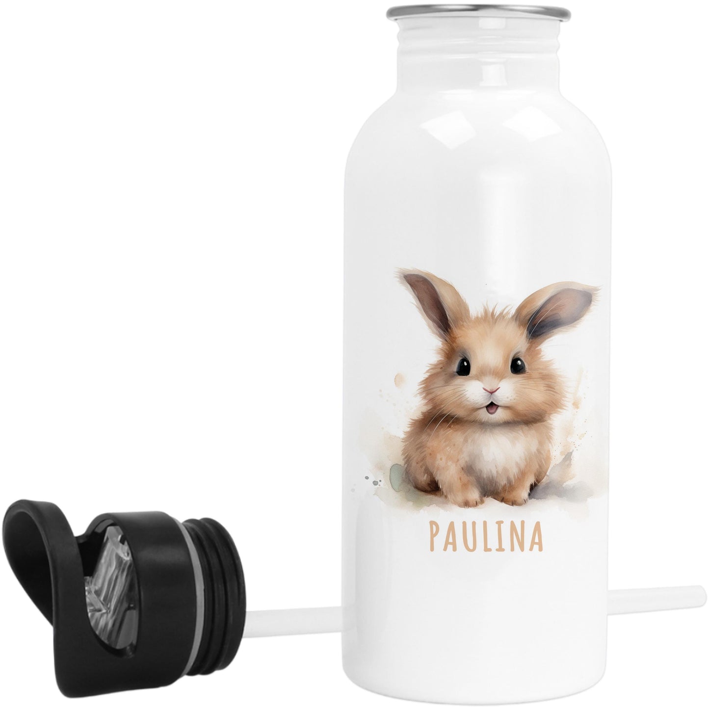 Trinkflasche Kinder personalisiert mit Namen Hase Edelstahl Flasche mit Strohhalm Wasserflasche für Schule Kindergarten 600 ml