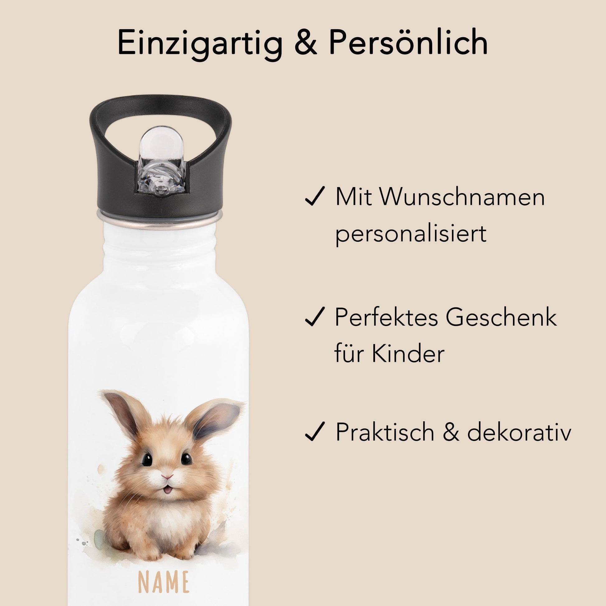 Trinkflasche Kinder personalisiert mit Namen Hase Edelstahl Flasche mit Strohhalm Wasserflasche für Schule Kindergarten 600 ml