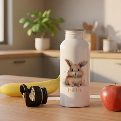 Trinkflasche Kinder personalisiert mit Namen Hase Edelstahl Flasche mit Strohhalm Wasserflasche für Schule Kindergarten 600 ml