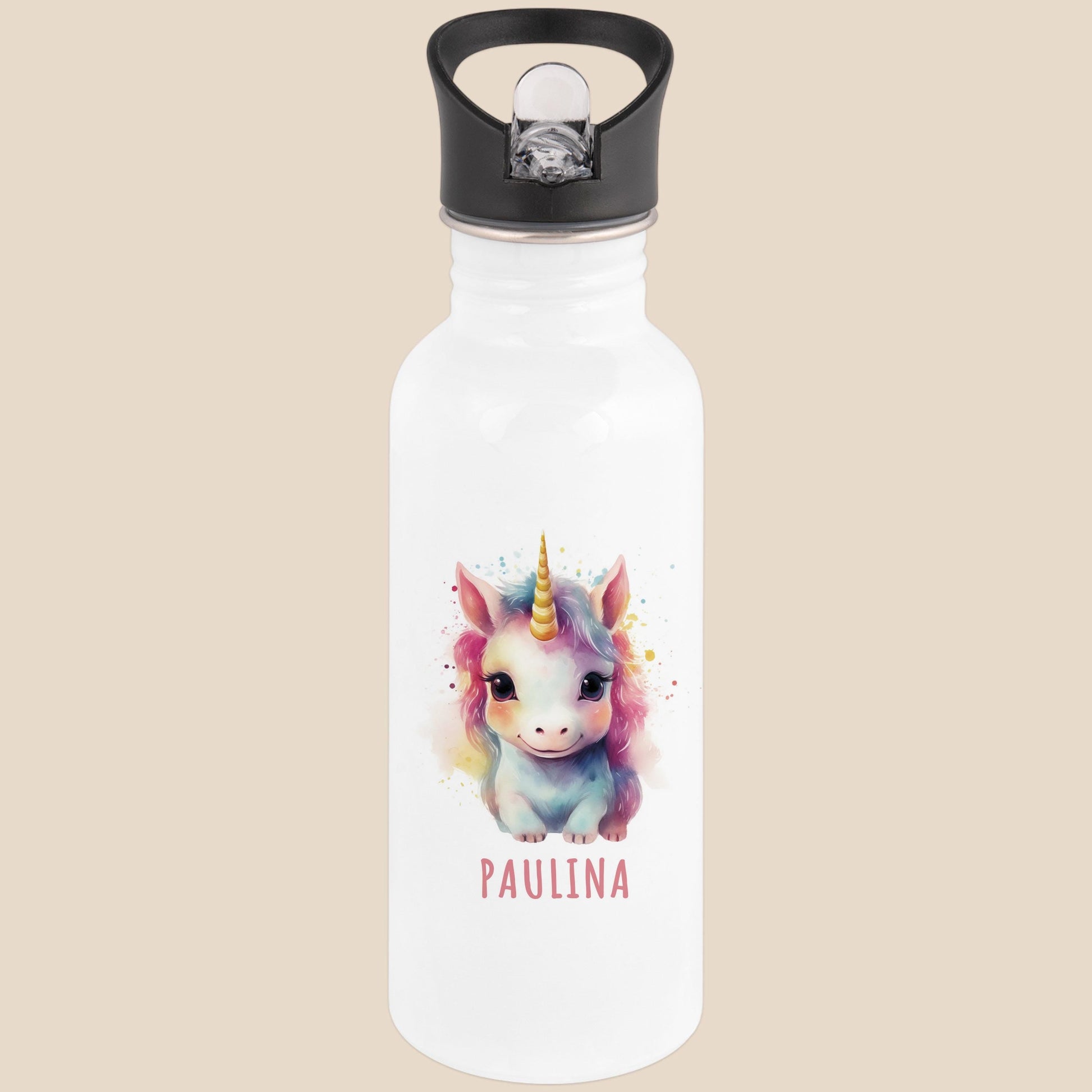 Trinkflasche Kinder personalisiert mit Namen Einhorn Edelstahl Flasche mit Strohhalm Wasserflasche für Schule Kindergarten 600 ml