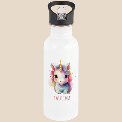 Trinkflasche Kinder personalisiert mit Namen Einhorn Edelstahl Flasche mit Strohhalm Wasserflasche für Schule Kindergarten 600 ml
