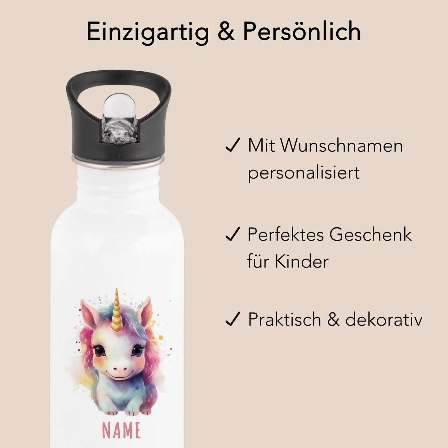 Trinkflasche Kinder personalisiert mit Namen Einhorn Edelstahl Flasche mit Strohhalm Wasserflasche für Schule Kindergarten 600 ml