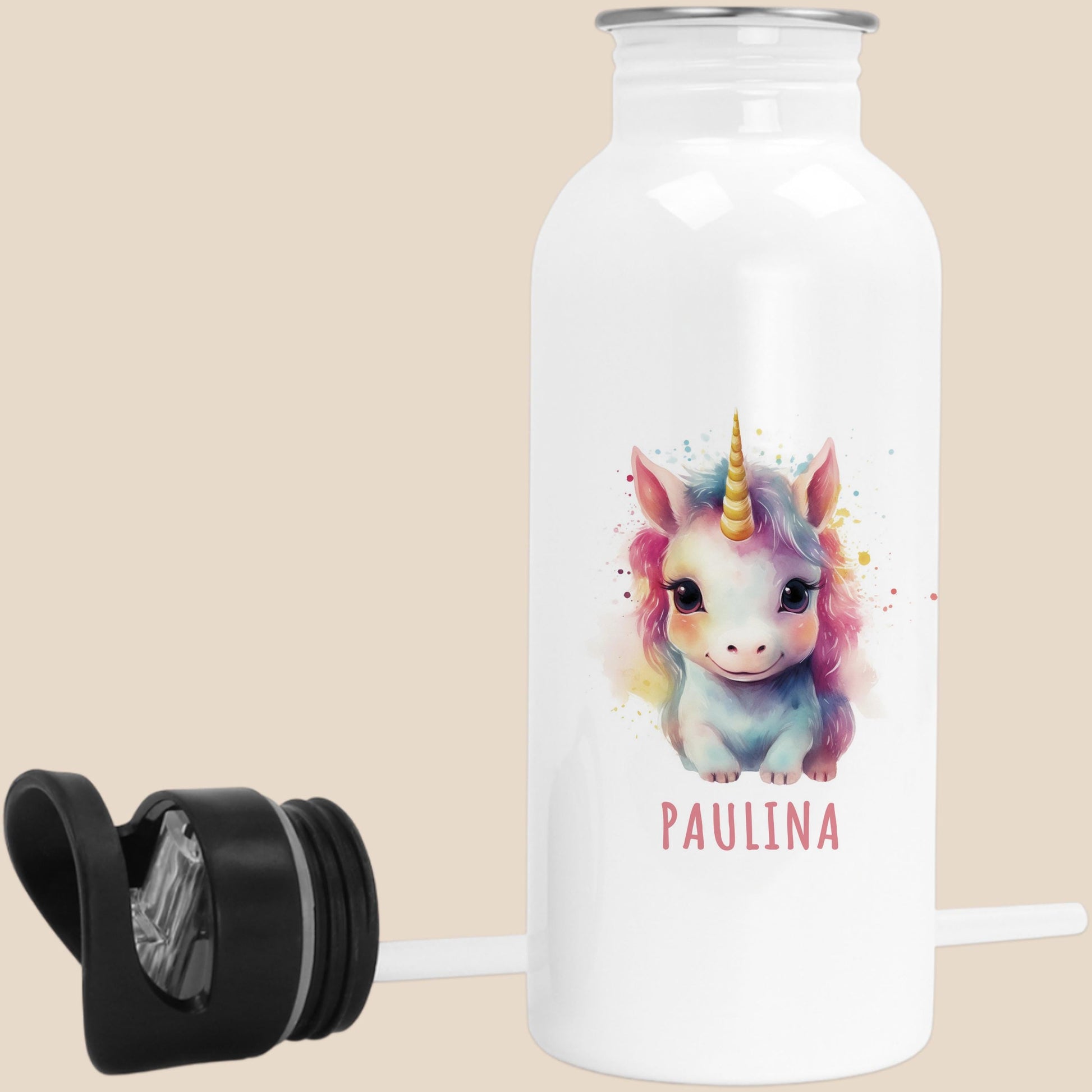 Trinkflasche Kinder personalisiert mit Namen Einhorn Edelstahl Flasche mit Strohhalm Wasserflasche für Schule Kindergarten 600 ml