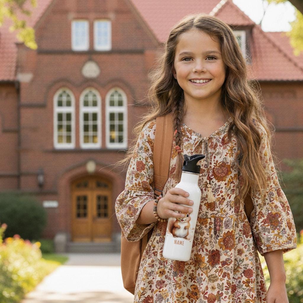 Trinkflasche Kinder personalisiert mit Namen Eichhörnchen Edelstahl Flasche mit Strohhalm Wasserflasche für Schule Kindergarten 600 ml