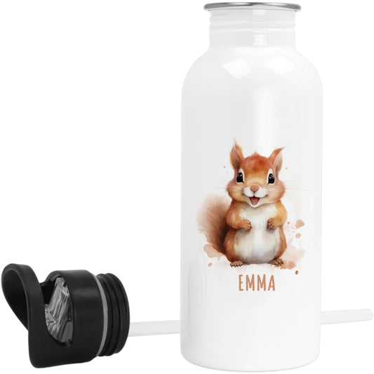 Trinkflasche Kinder personalisiert mit Namen Eichhörnchen Edelstahl Flasche mit Strohhalm Wasserflasche für Schule Kindergarten 600 ml