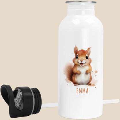 Trinkflasche Kinder personalisiert mit Namen Eichhörnchen Edelstahl Flasche mit Strohhalm Wasserflasche für Schule Kindergarten 600 ml