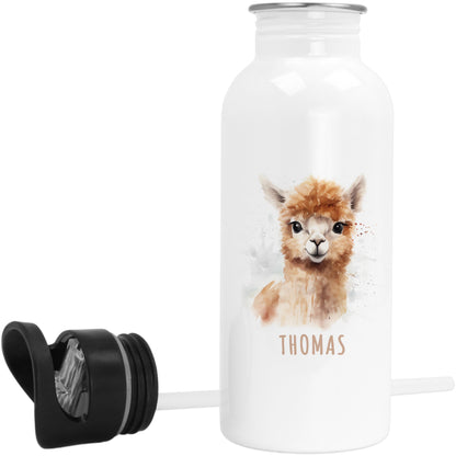 Trinkflasche Kinder personalisiert mit Namen Alpaka Edelstahl Flasche mit Strohhalm Wasserflasche für Schule Kindergarten 600 ml