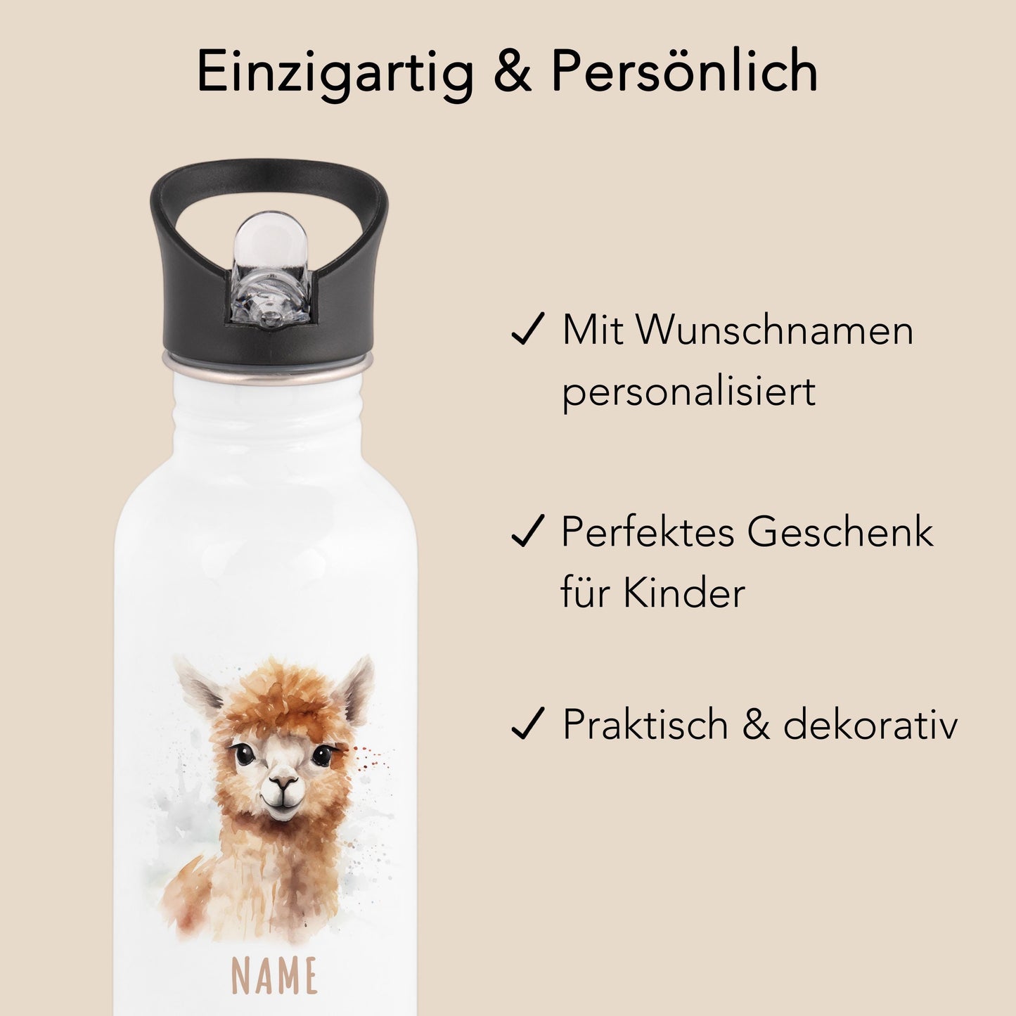 Trinkflasche Kinder personalisiert mit Namen Alpaka Edelstahl Flasche mit Strohhalm Wasserflasche für Schule Kindergarten 600 ml