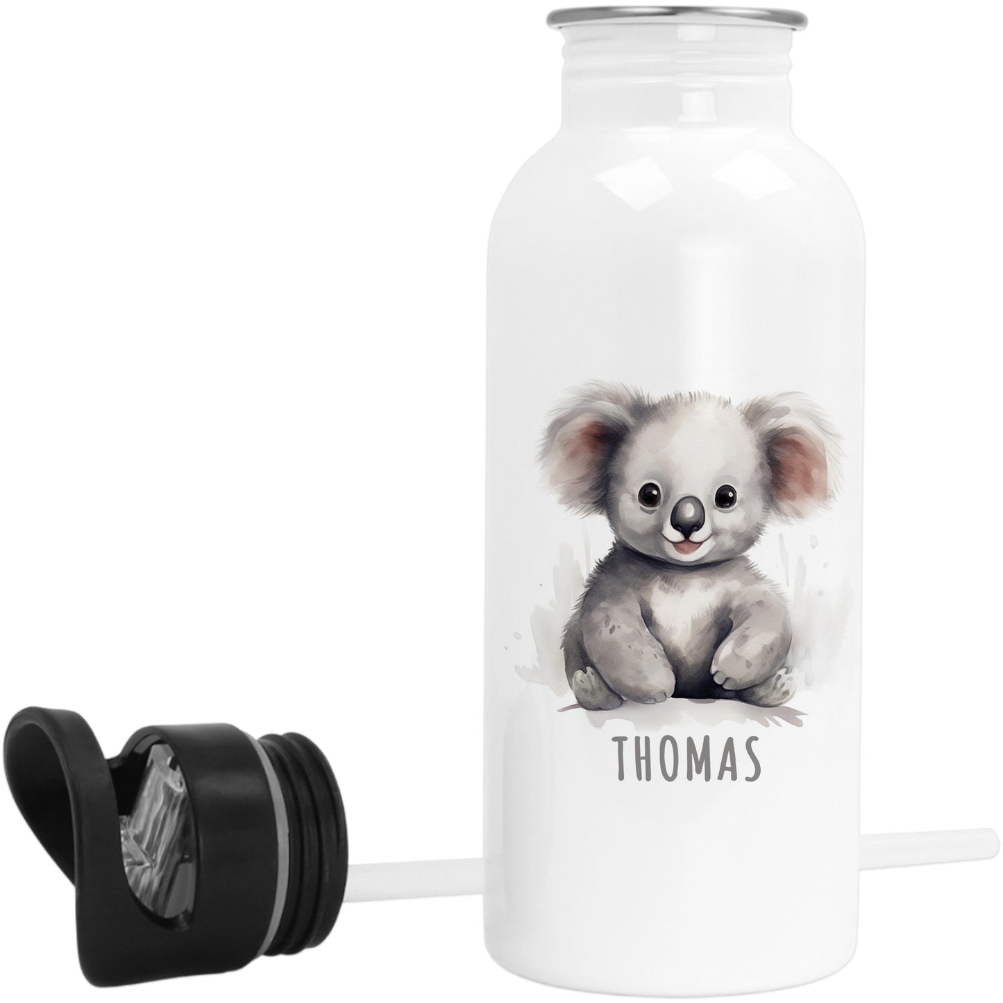 Trinkflasche Kinder personalisiert mit Namen Koala Edelstahl Flasche mit Strohhalm Wasserflasche für Schule Kindergarten 600 ml
