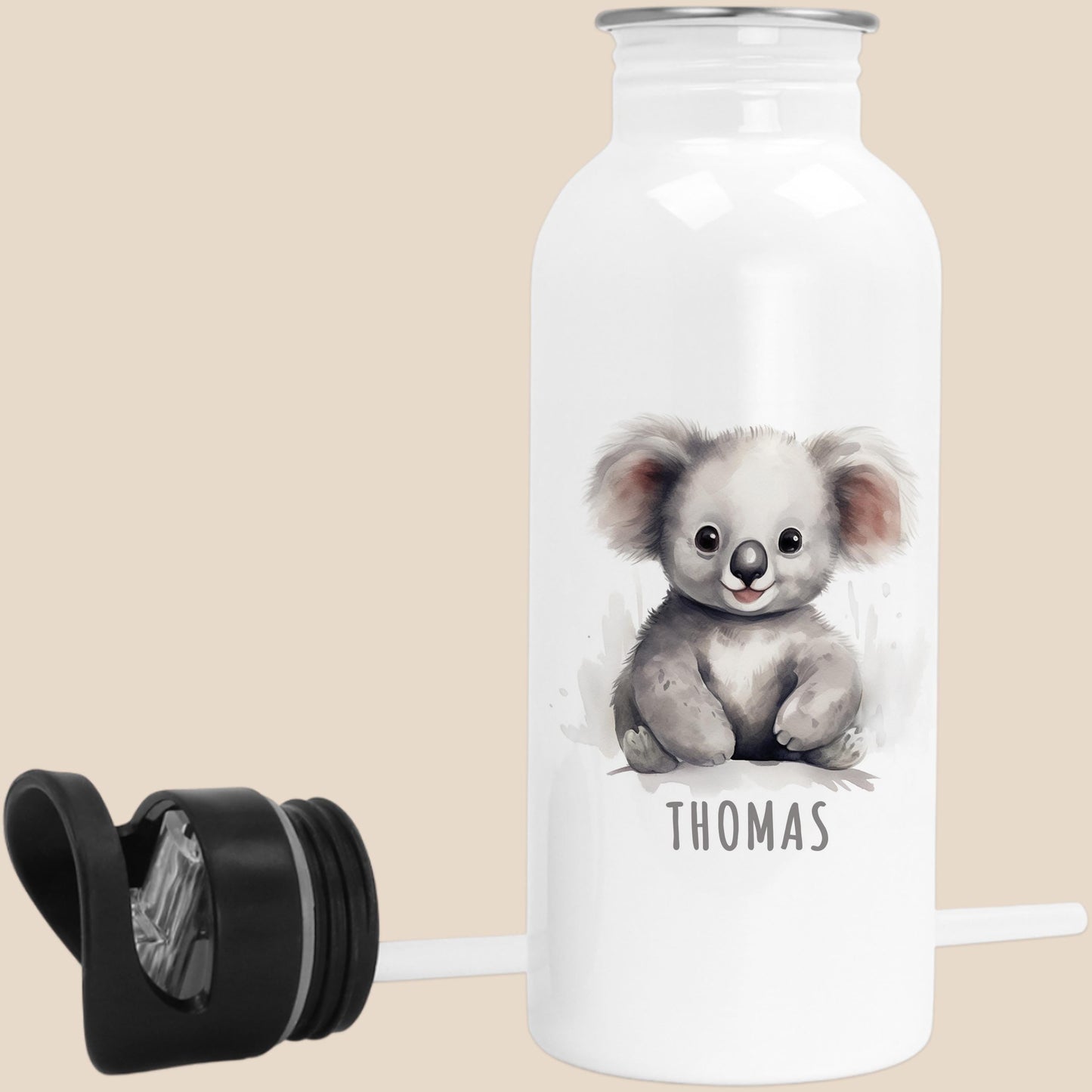 Trinkflasche Kinder personalisiert mit Namen Koala Edelstahl Flasche mit Strohhalm Wasserflasche für Schule Kindergarten 600 ml
