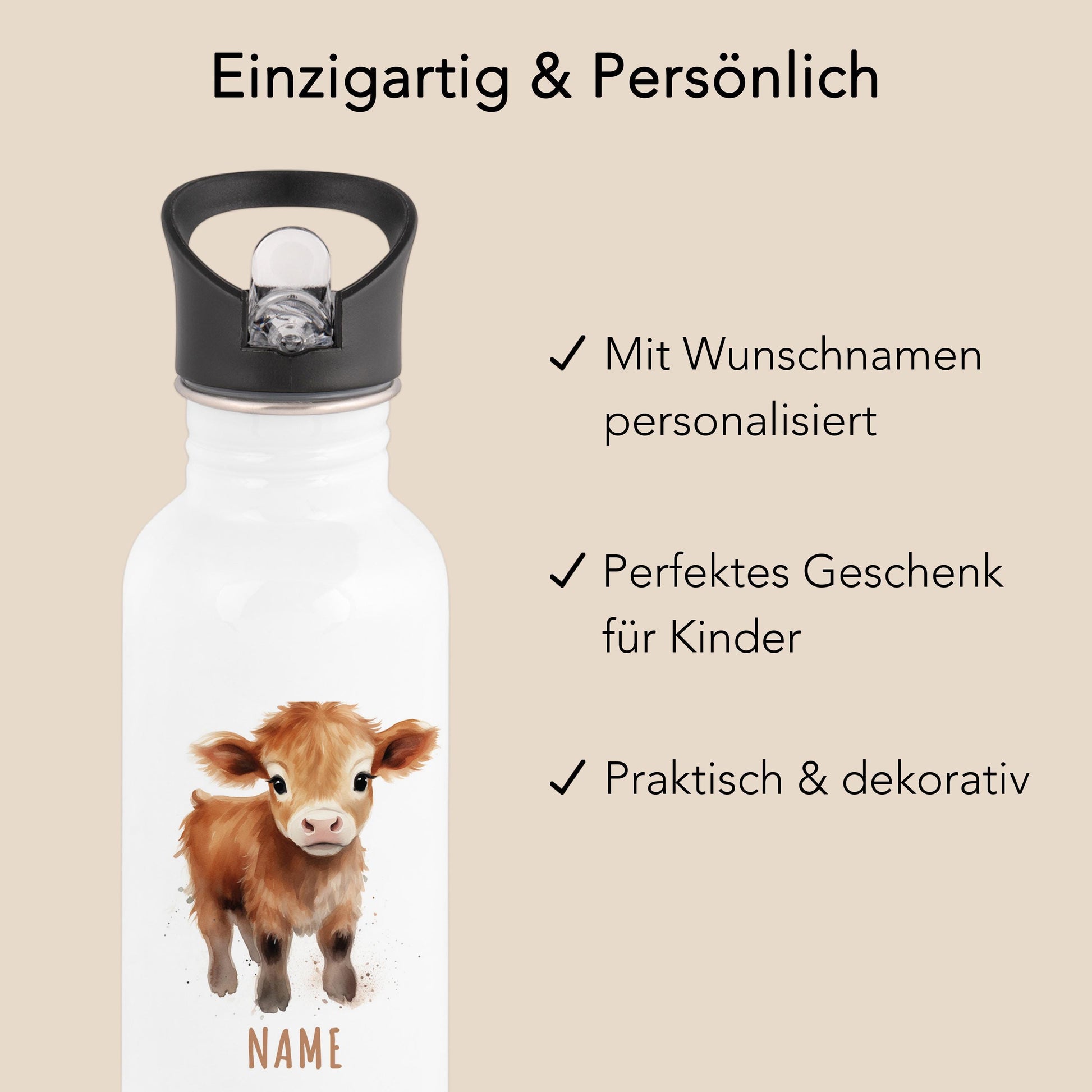 Trinkflasche Kinder personalisiert mit Namen Kuh Edelstahl Flasche mit Strohhalm Wasserflasche für Schule Kindergarten 600 ml