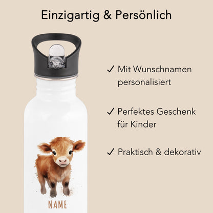Trinkflasche Kinder personalisiert mit Namen Kuh Edelstahl Flasche mit Strohhalm Wasserflasche für Schule Kindergarten 600 ml