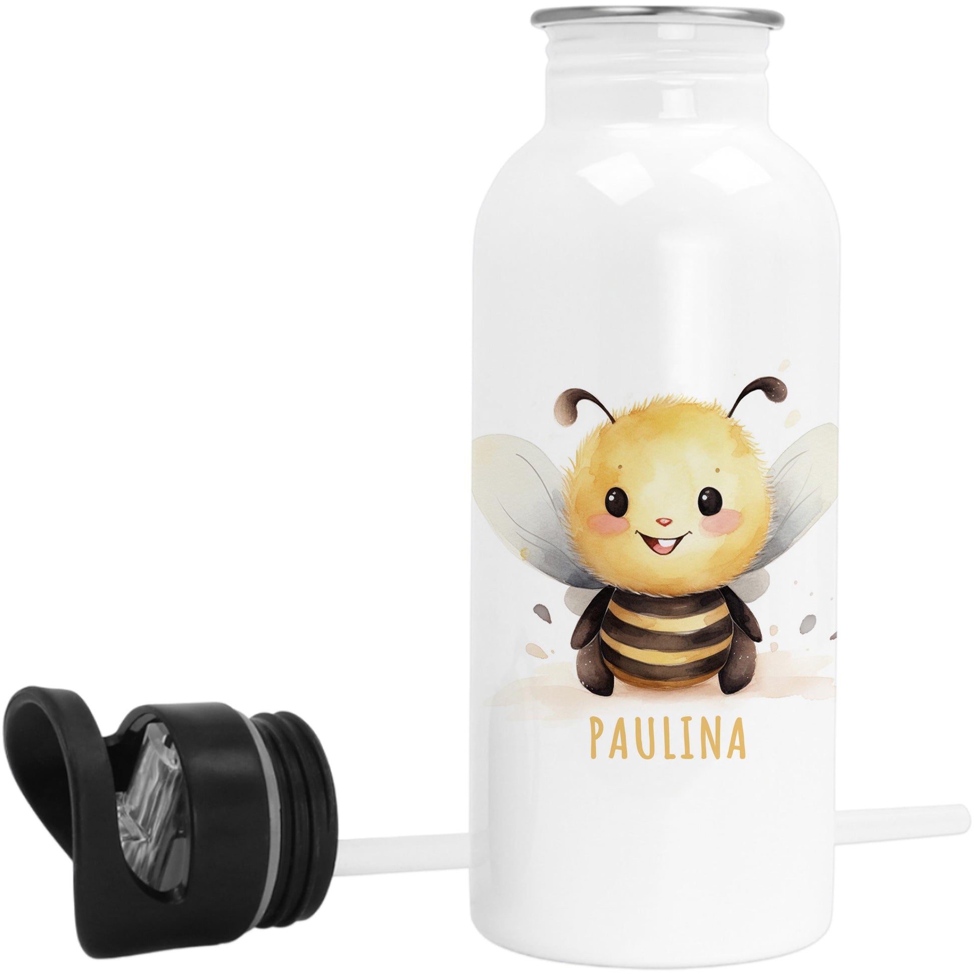 Trinkflasche Kinder personalisiert mit Namen Biene Edelstahl Flasche mit Strohhalm Wasserflasche für Schule Kindergarten 600 ml
