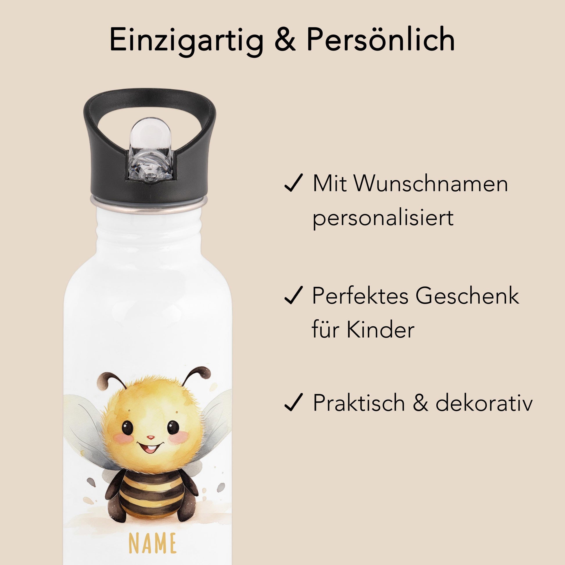 Trinkflasche Kinder personalisiert mit Namen Biene Edelstahl Flasche mit Strohhalm Wasserflasche für Schule Kindergarten 600 ml