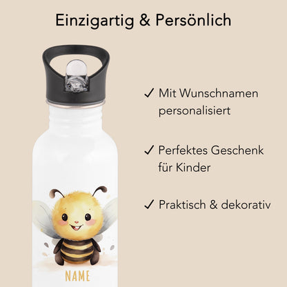 Trinkflasche Kinder personalisiert mit Namen Biene Edelstahl Flasche mit Strohhalm Wasserflasche für Schule Kindergarten 600 ml