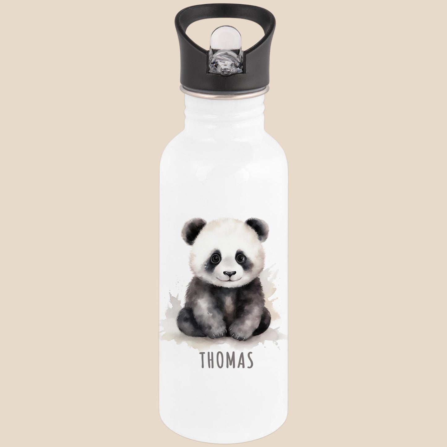 Trinkflasche Kinder personalisiert mit Namen Panda Edelstahl Flasche mit Strohhalm Wasserflasche für Schule Kindergarten 600 ml