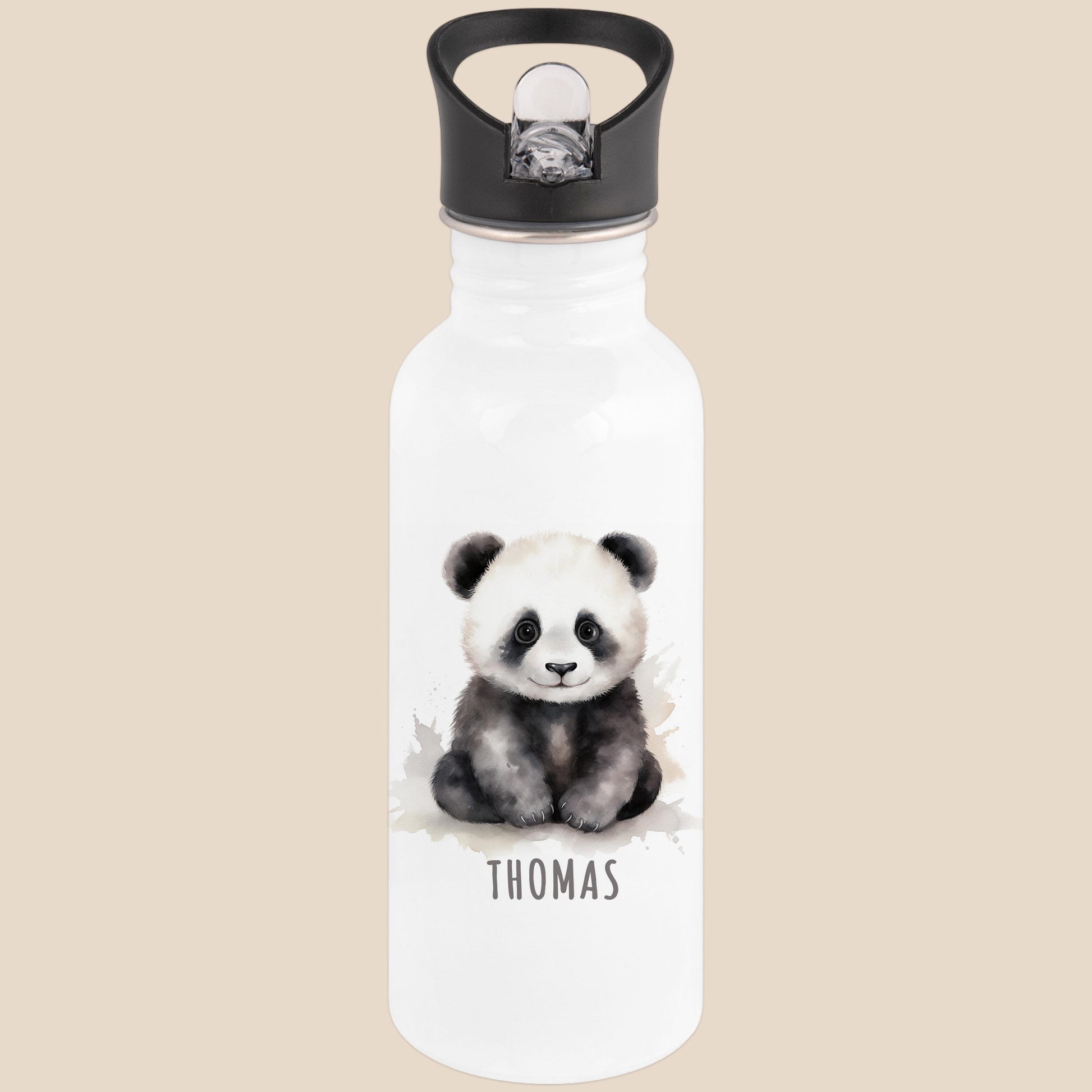 Trinkflasche Kinder personalisiert mit Namen Panda Edelstahl Flasche mit Strohhalm Wasserflasche für Schule Kindergarten 600 ml